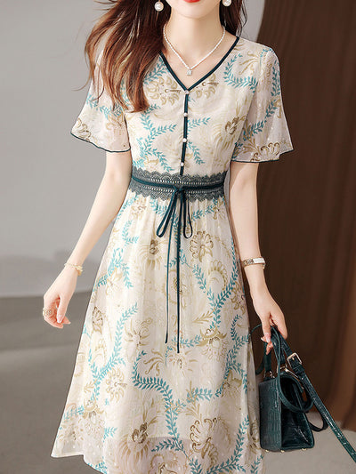 Hannah Retro Printed Floral Chiffon Dress