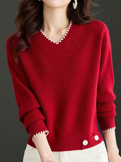 Isabella V-Neck Solid Color Knitted Sweater-Apricot