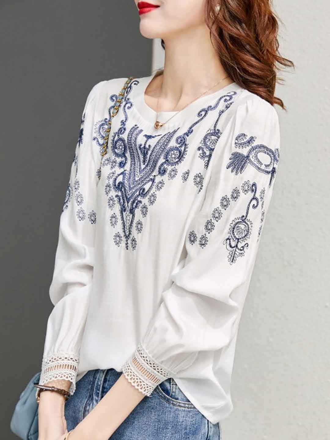 Zoe Casual Crew Neck Embroidered Top