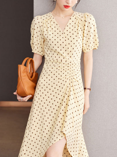 Chloe V-Neck Polka Dot Printed Irregular Dress-Yellow