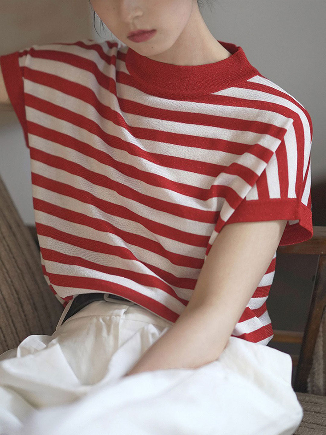 Lauren Classic Crew Neck Striped Contrast Knitted Top-Red