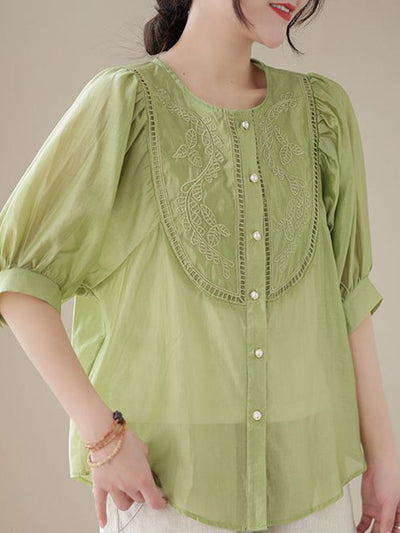 Bailey Retro Crew Neck Puff Sleeve Embroidered Top-Green