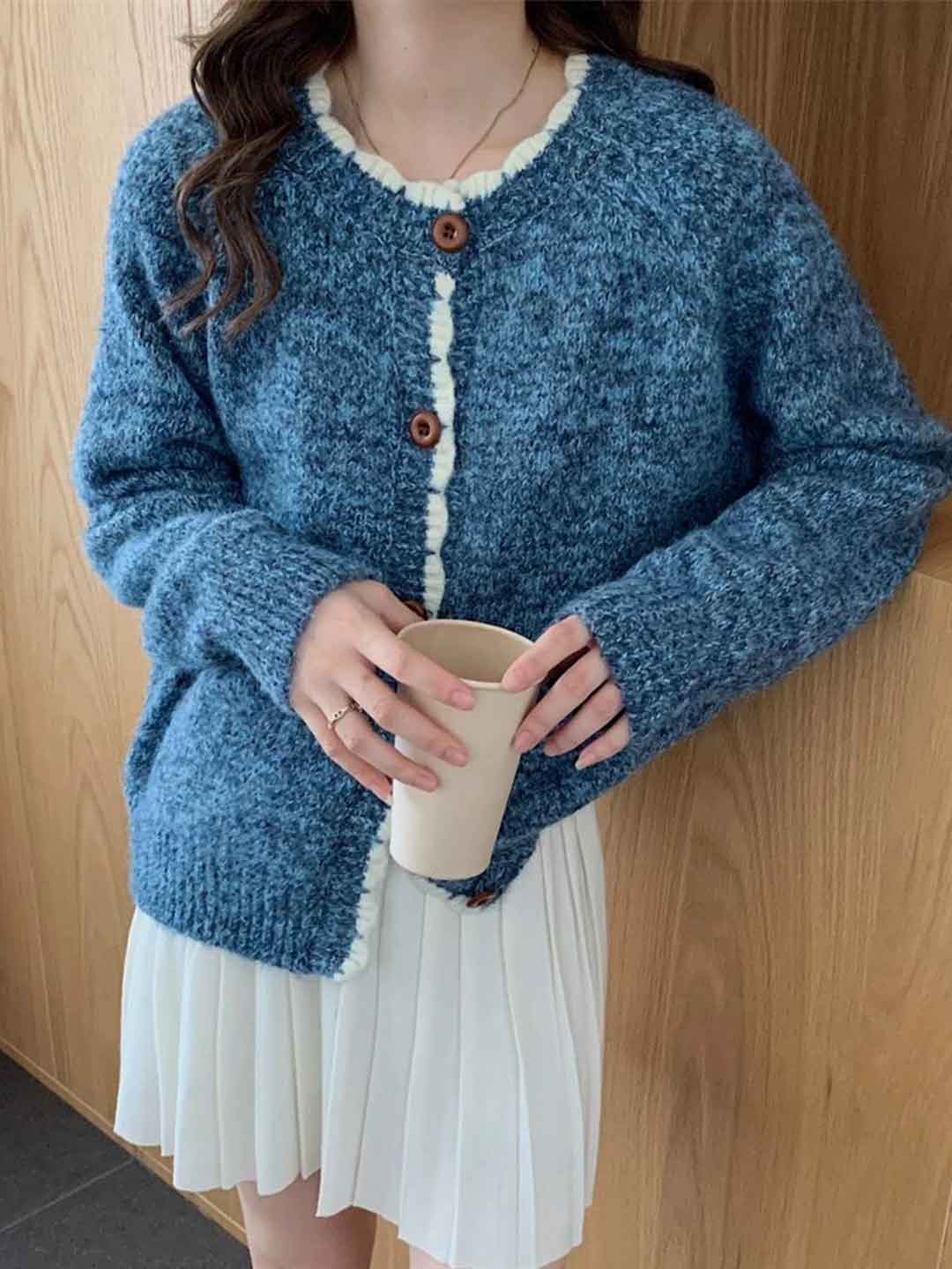 Emma Loose Crew Neck Colorblock Knitted Cardigan