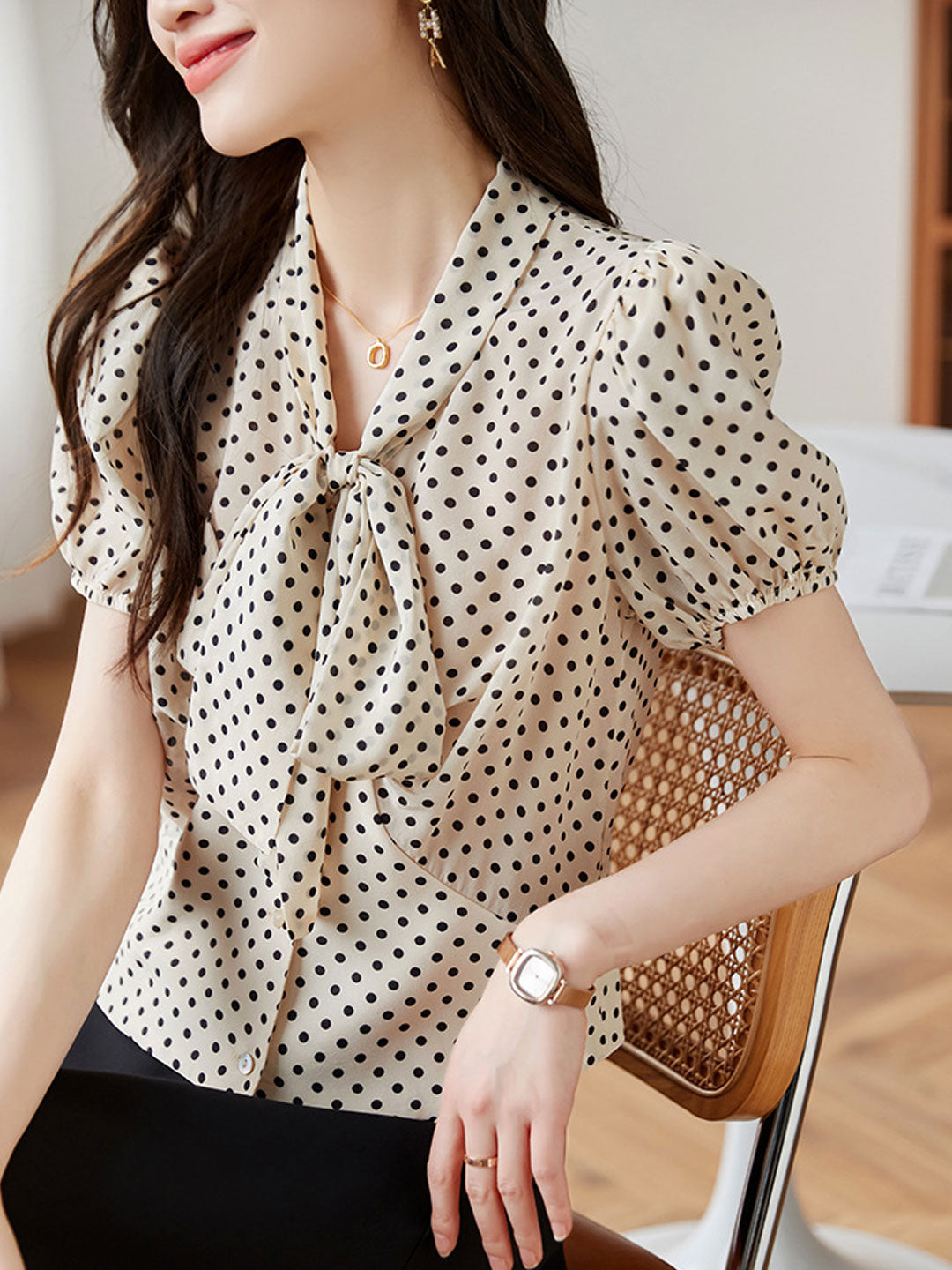 Molly Loose Polka Dot Bow Puff Sleeve Top