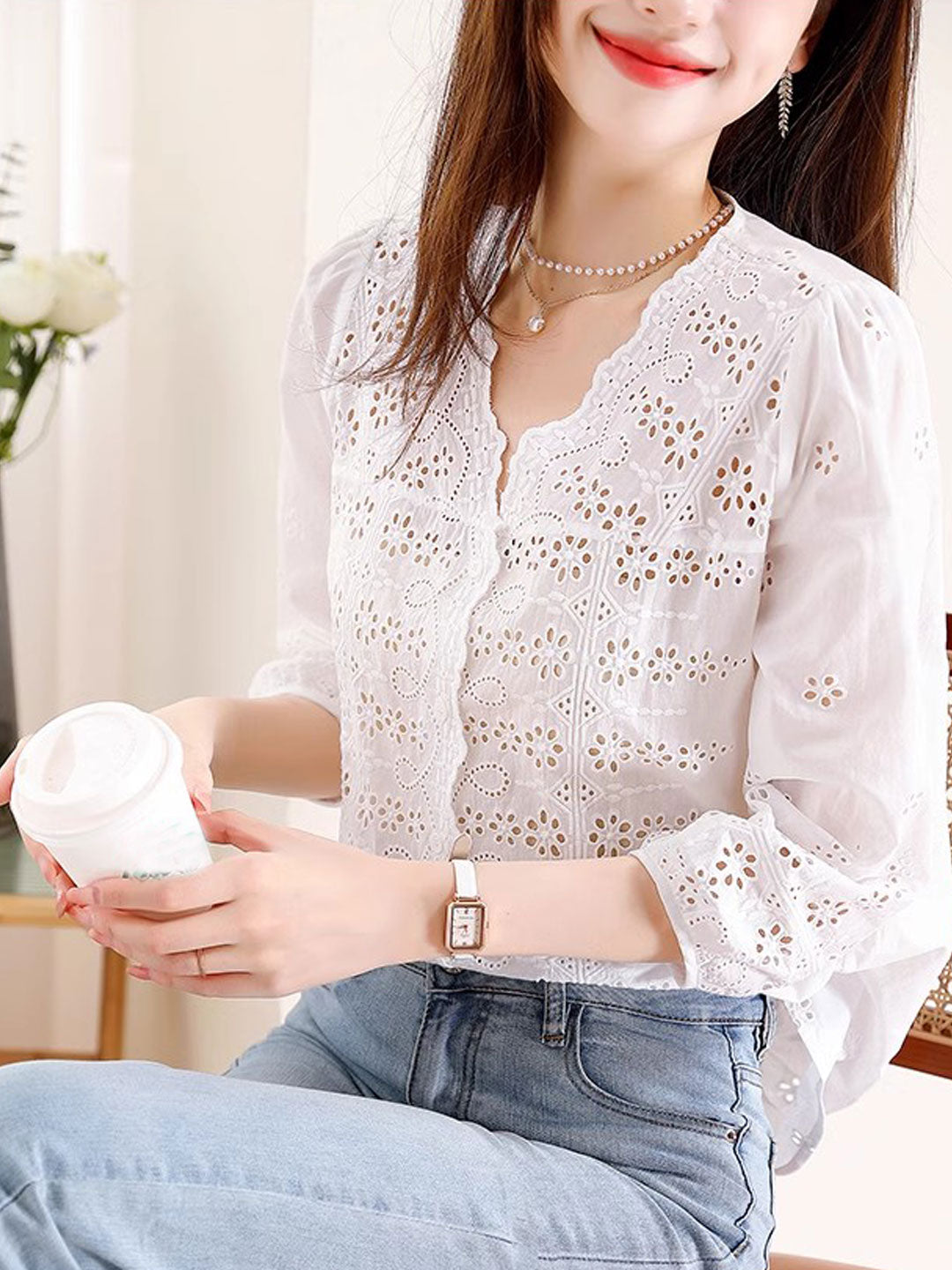 Kayla Retro V-Neck Embroidered Hollowed Top