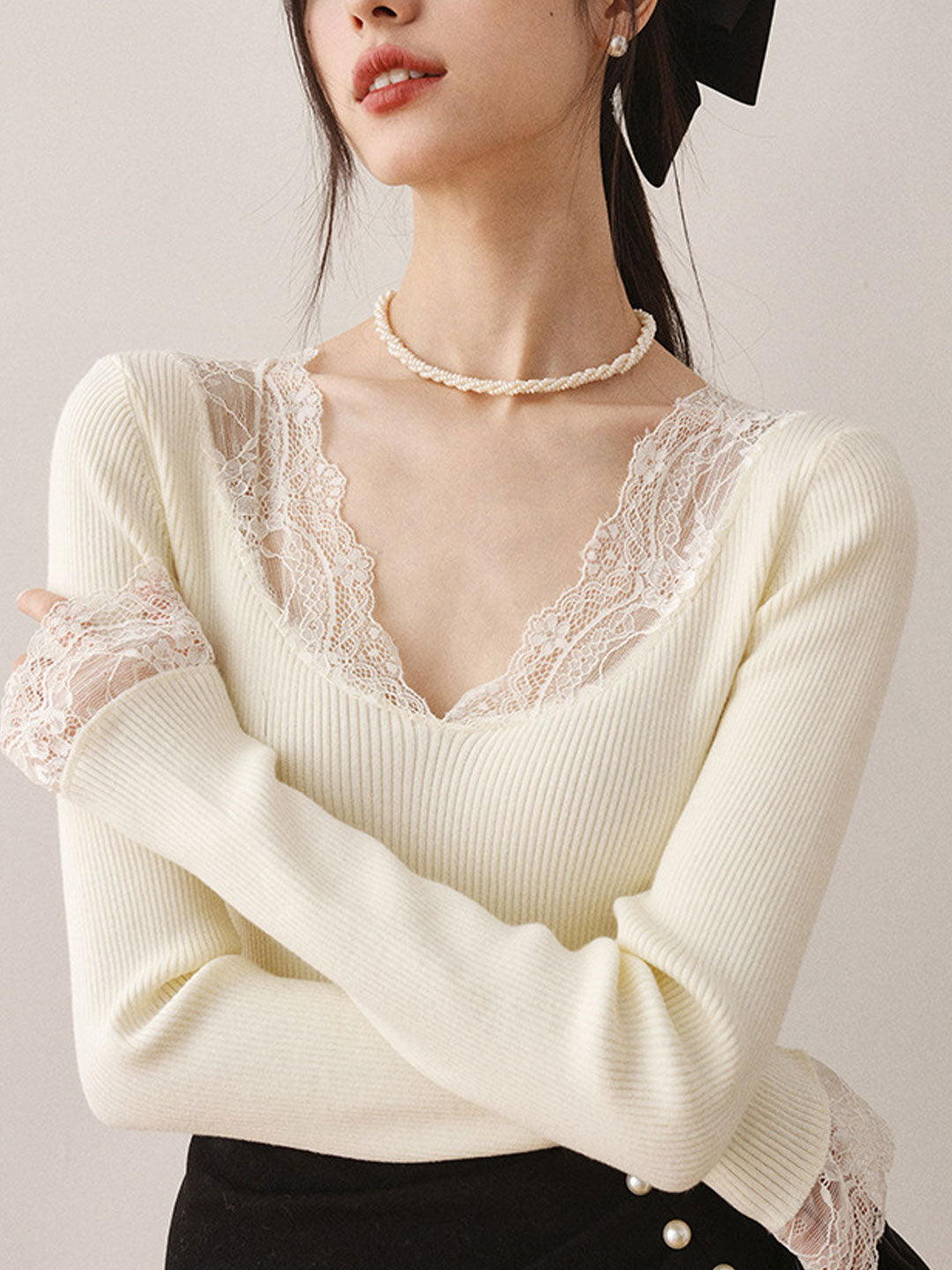 Brianna V-Neck Lace Knitted Sweater