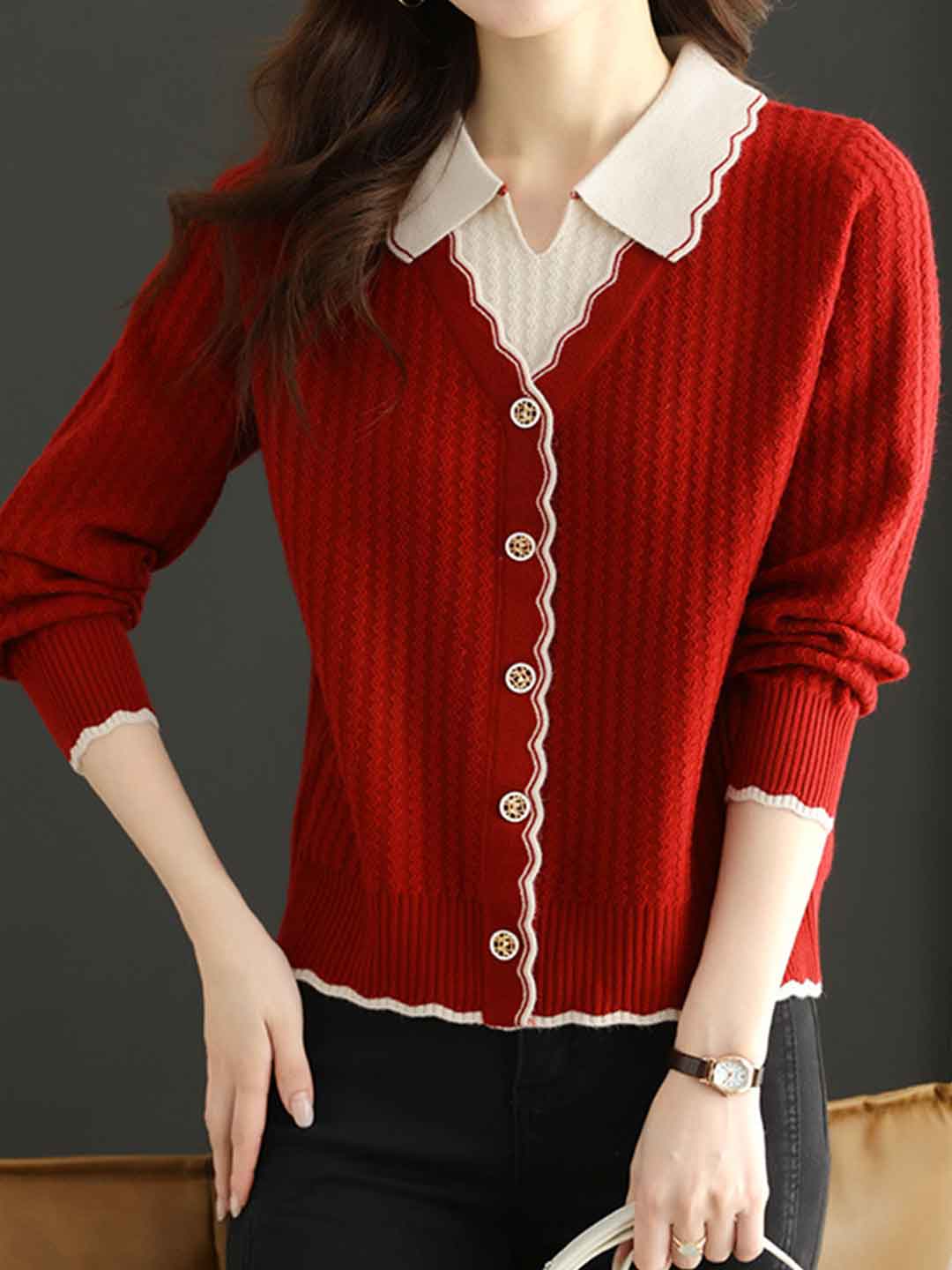 Camila Casual Lapel Mock Two-Piece Knitted Pullover Top