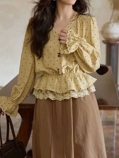 Mia Casual V-neck Lace Polka Dot Blouse