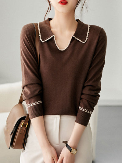 Taylor Classic Contrast Lapel Knitted Sweater-Beige