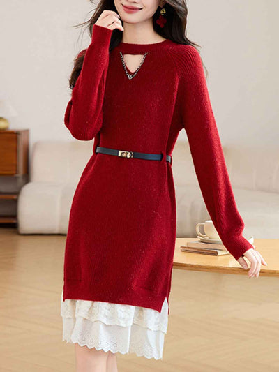 Kaylee Daily Crew Neck Patchwork Lace Knitted Dress