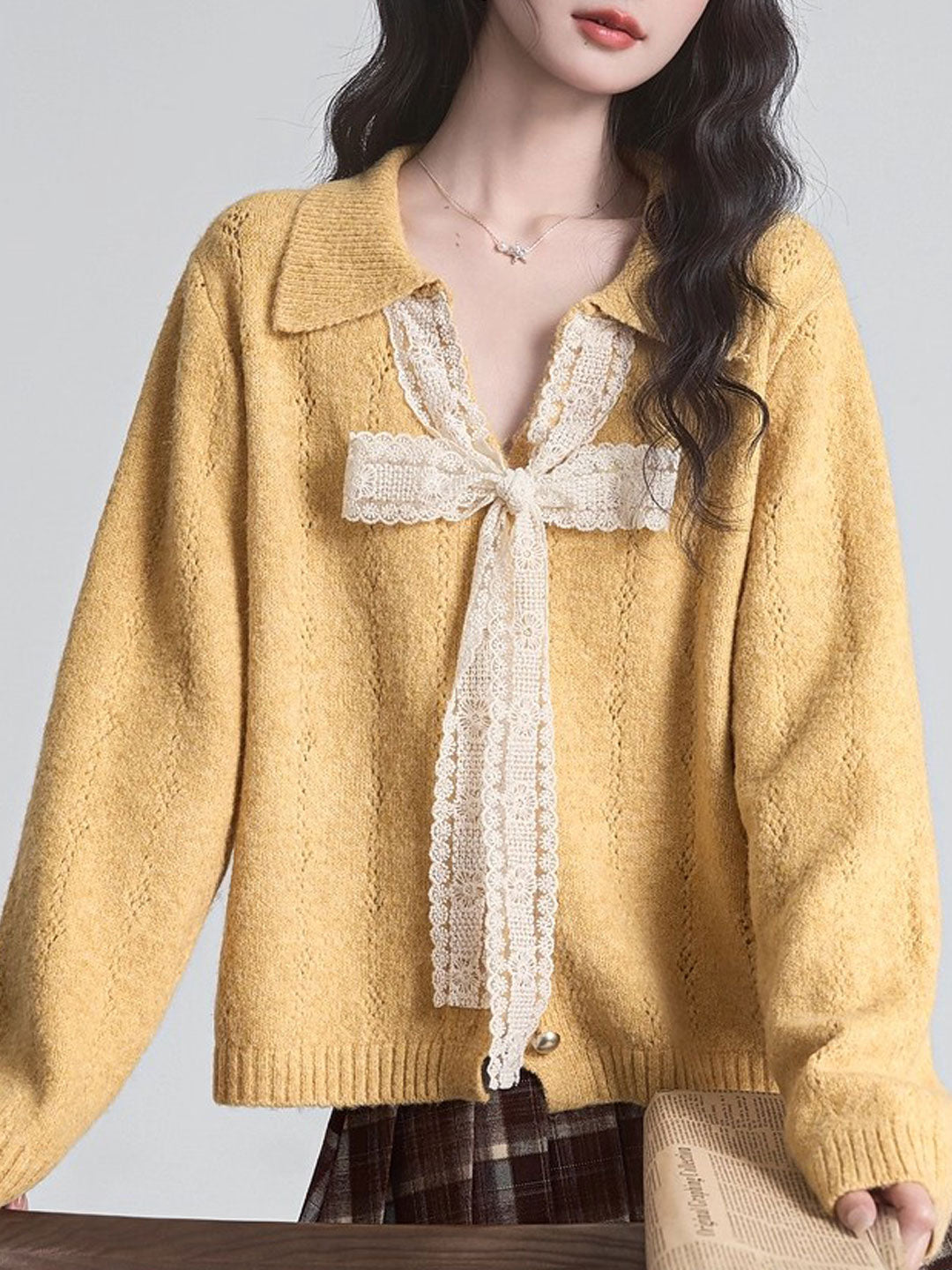 Brianna Retro Lapel Hollowed Lace Knitted Cardigan