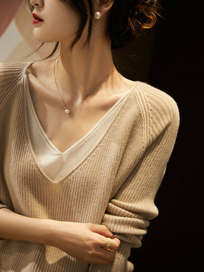 Lauren V-Neck Layered Contrasting Knitted Sweater