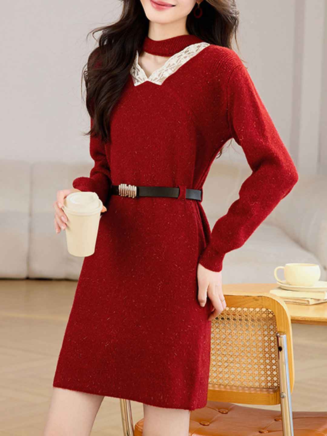 Brianna Vintage V-Neck Lace Patchwork Knitted Dress