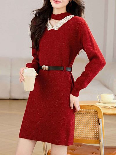 Brianna Vintage V-Neck Lace Patchwork Knitted Dress