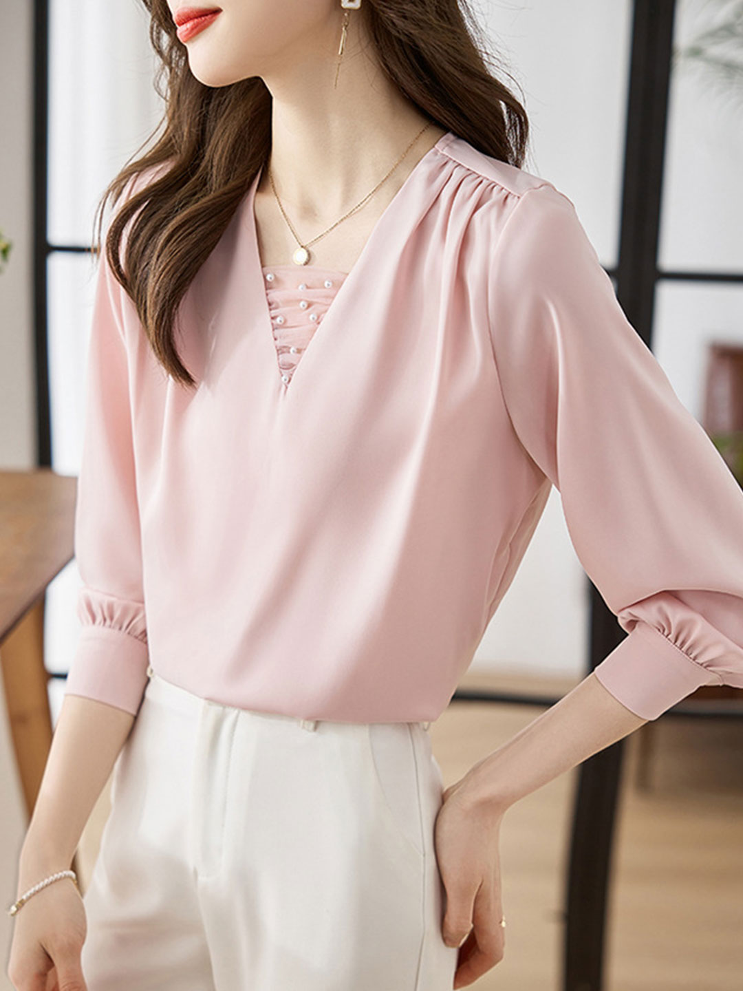 Brianna Classic V-neck Satin Shirt-Pink