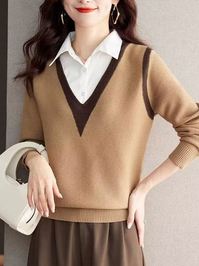 Ava Casual Contrast Color Shirt Collar Knitted Sweater