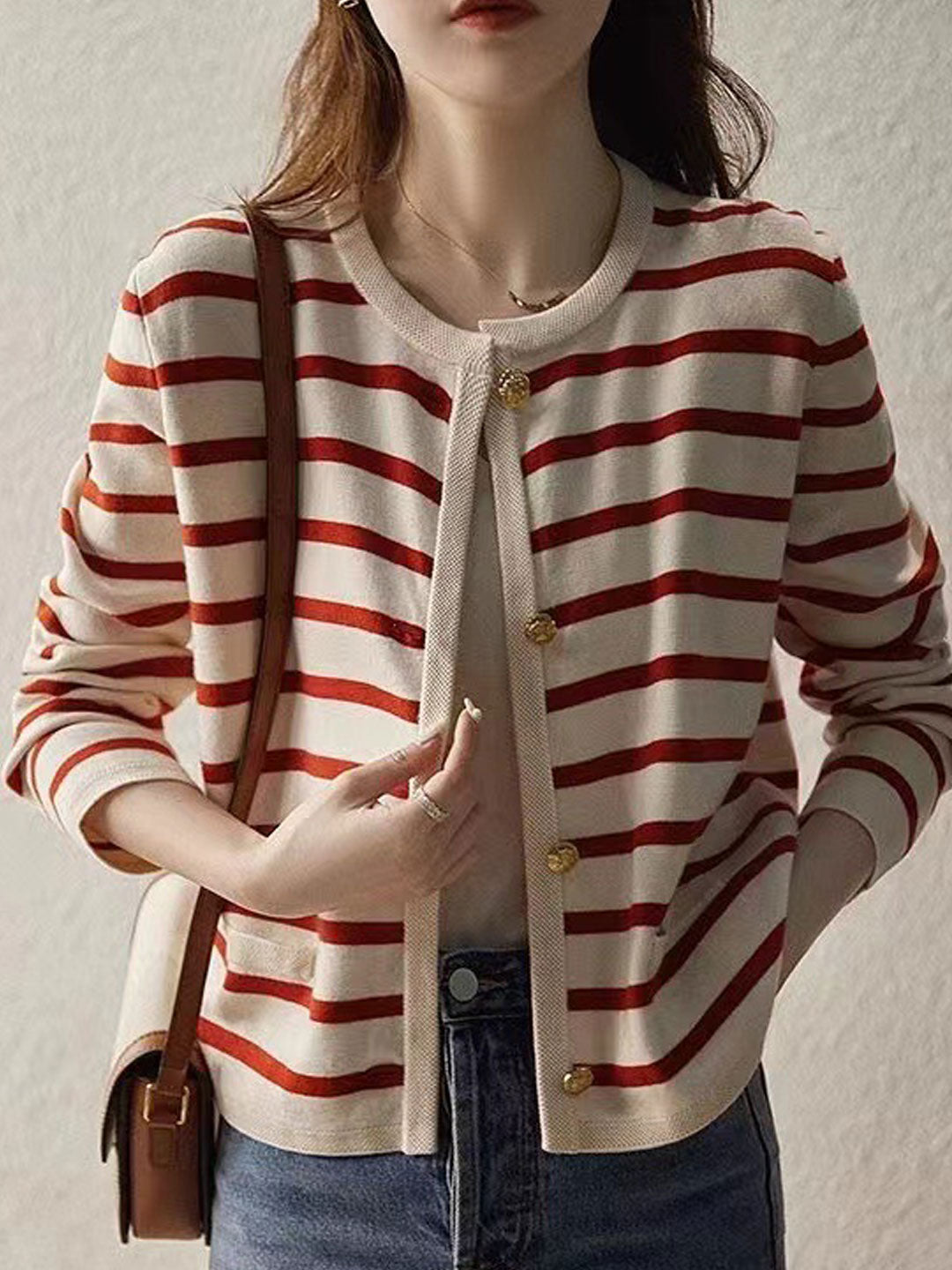 Olivia Classic Crew Neck Striped Knitted Cardigan-Black