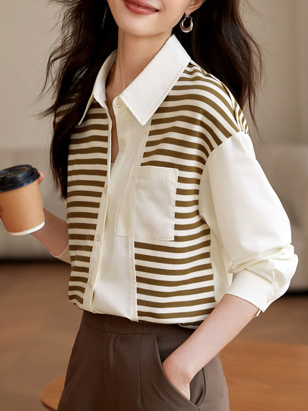 Kayla Casual Striped Contrast Patchwork Shirt