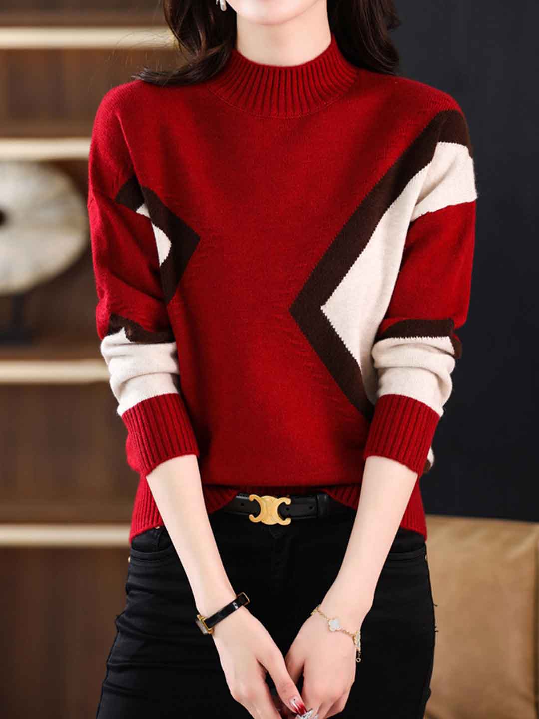 Camila Classic Turtleneck Contrasted Knitted Top
