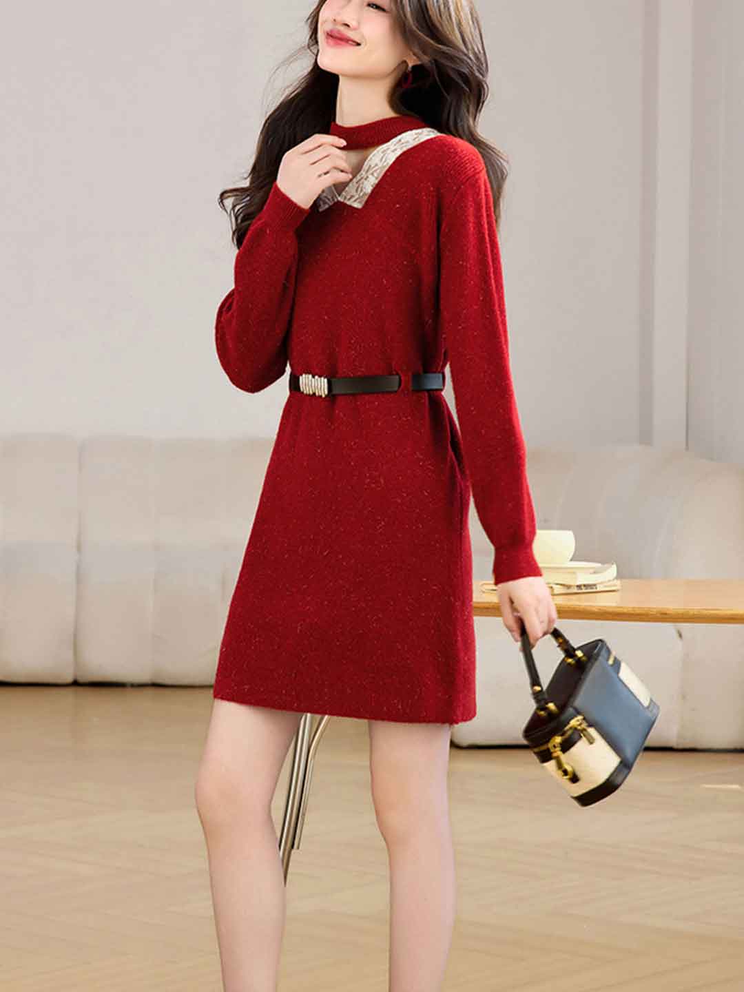 Brianna Vintage V-Neck Lace Patchwork Knitted Dress Roselili Brianna Vintage V-Neck Lace Patchwork Knitted Dress Roselili
