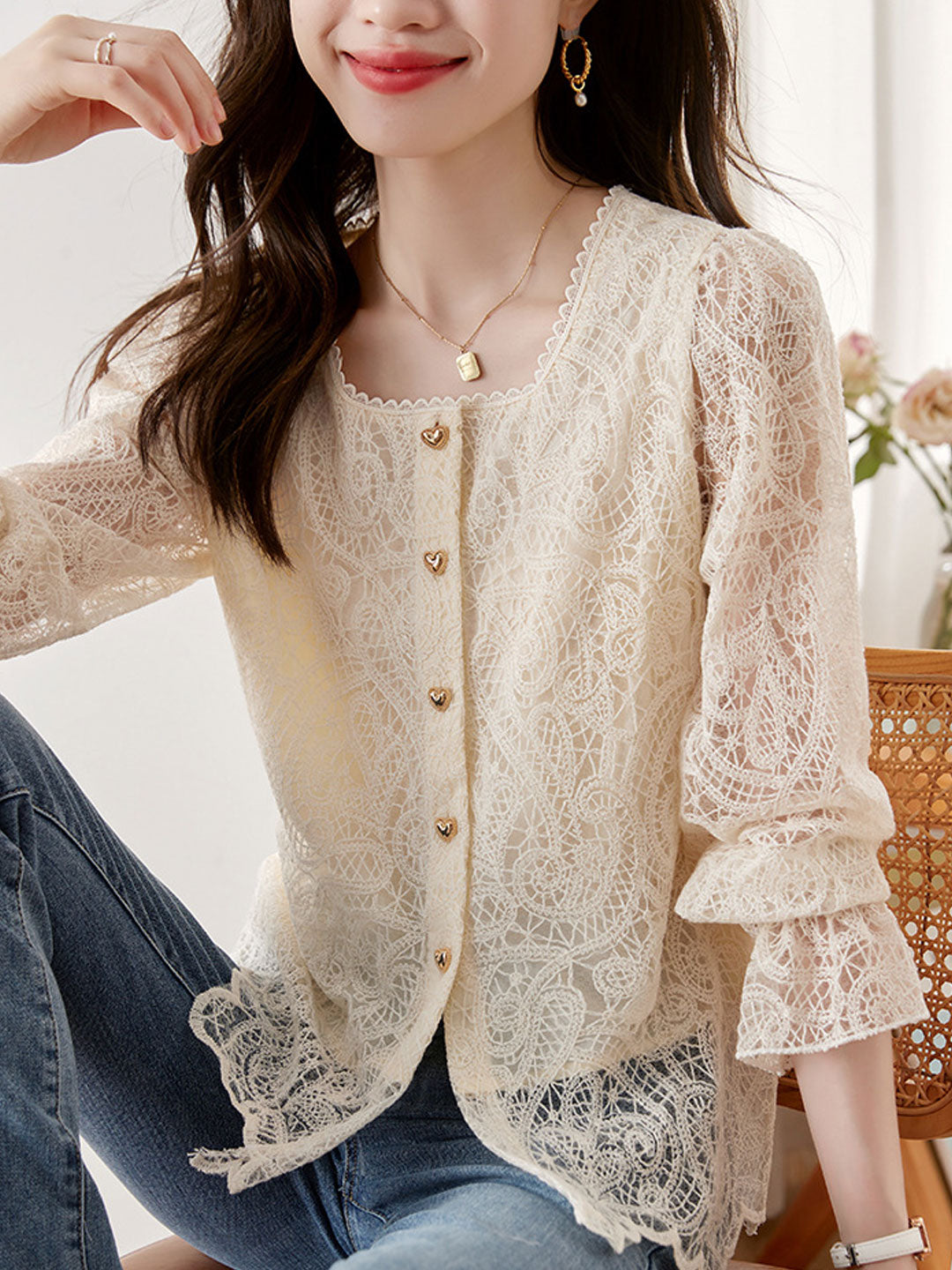 Sophia Retro Square Neck Lace Flare Sleeve Blouse