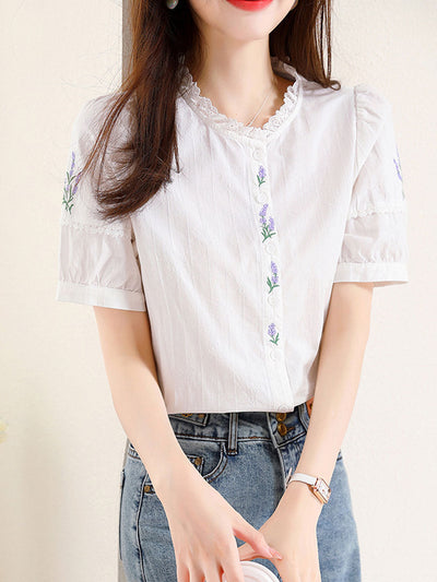 Maria Retro Embroidered  Lace Puff Sleeve Shirt-White