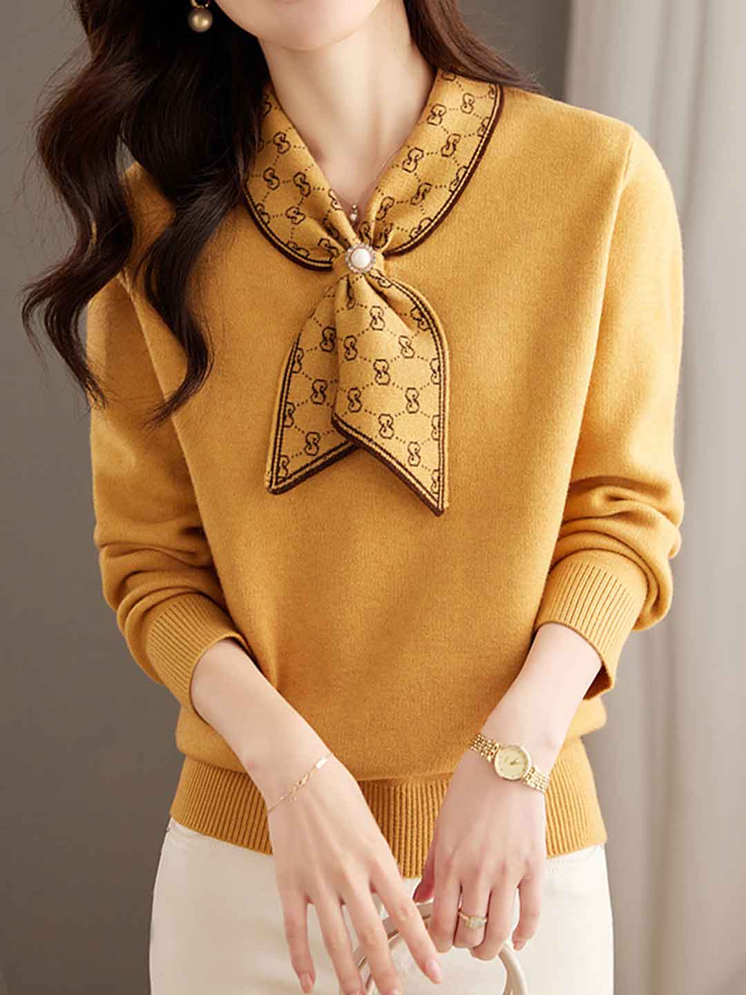 Andrea Loose Bow Scarf Collar Knitted Top