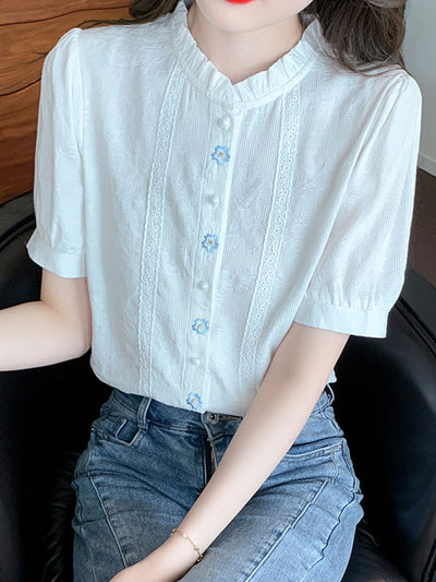 Lauren Retro Embroidered Jacquard Shirt-White