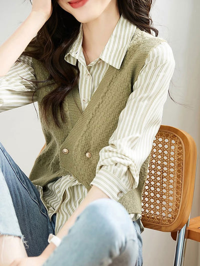 Jessica Elegant Striped Shirt With Knitted Vest Set