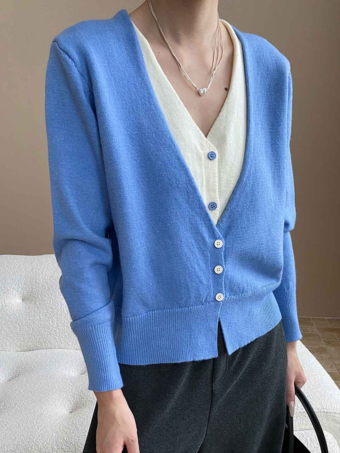 Gianna Classic V-Neck Contrast Mock Two-Piece Knitted Top