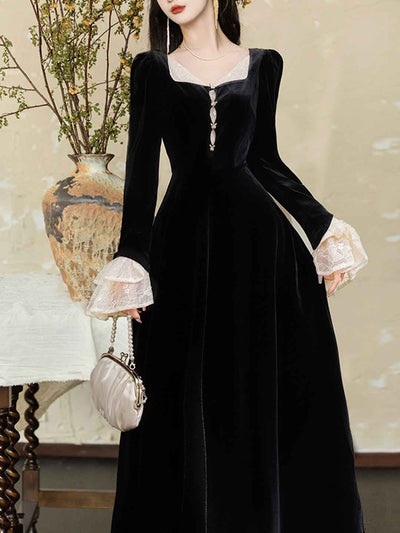 Anna Retro Square Neck Lace Sleeve Velvet Dress