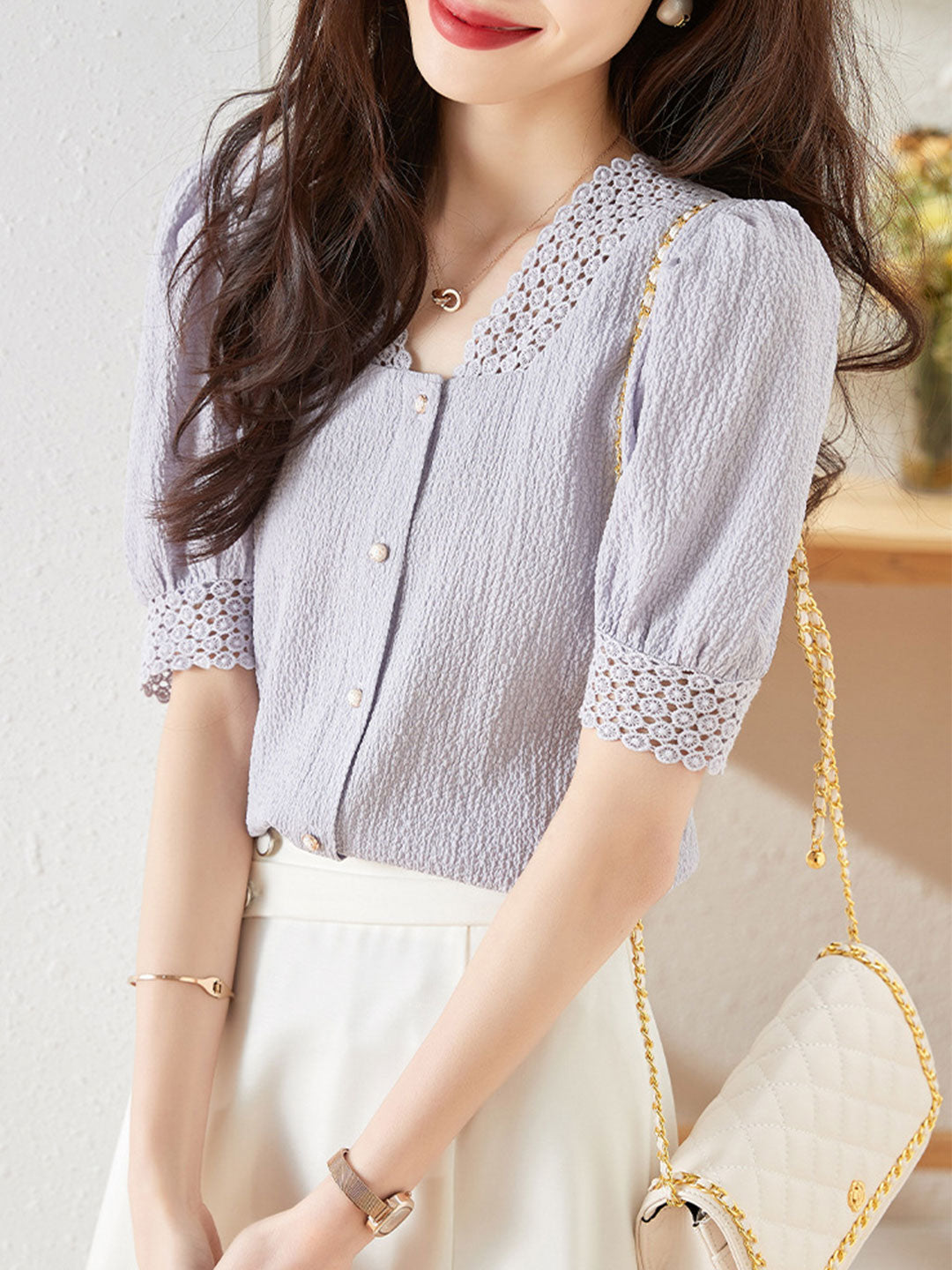 Sydney Elegant Hollowed Button Top-Purple