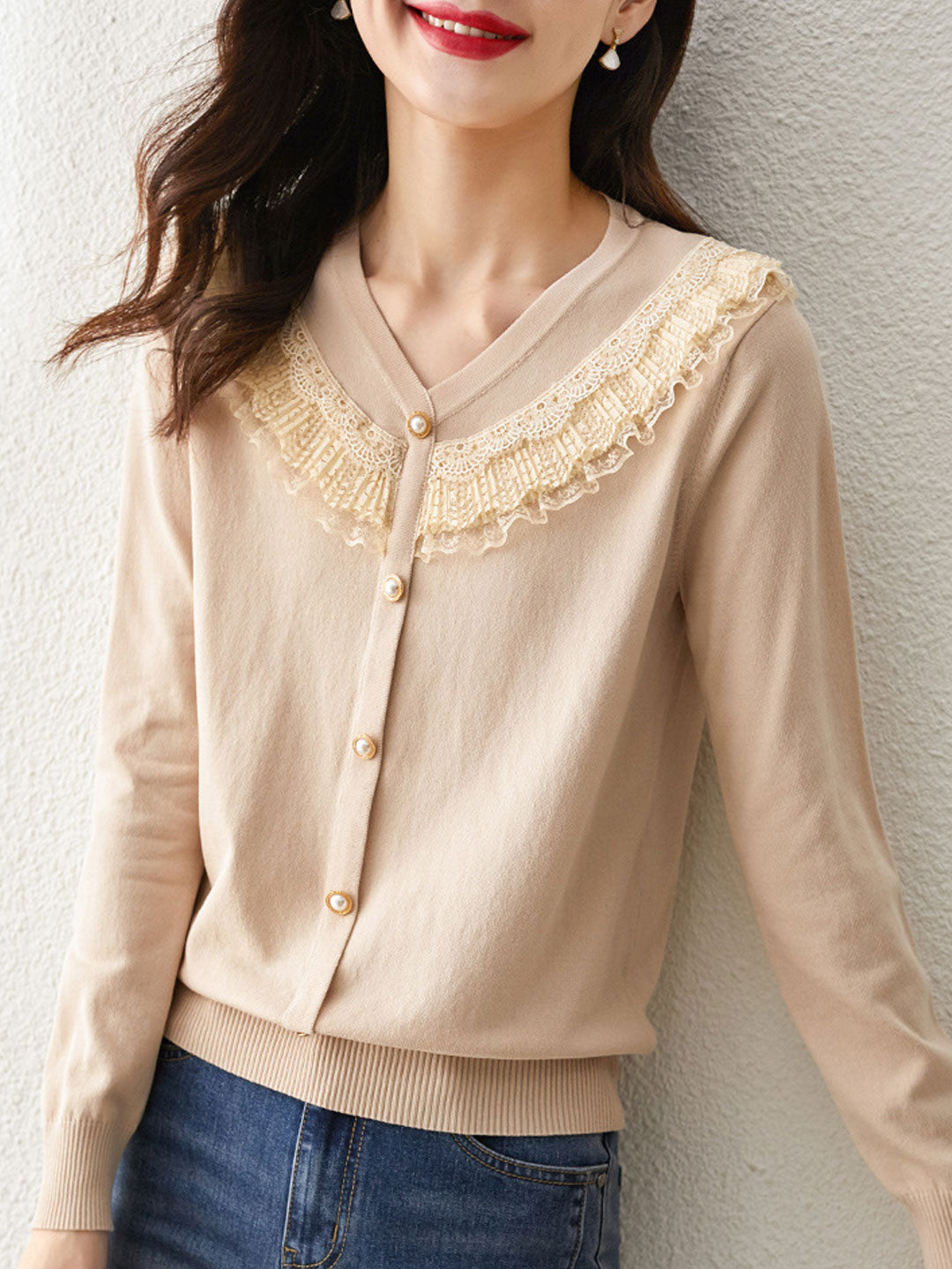 Jessica Retro V-neck Lace Knitted Sweater
