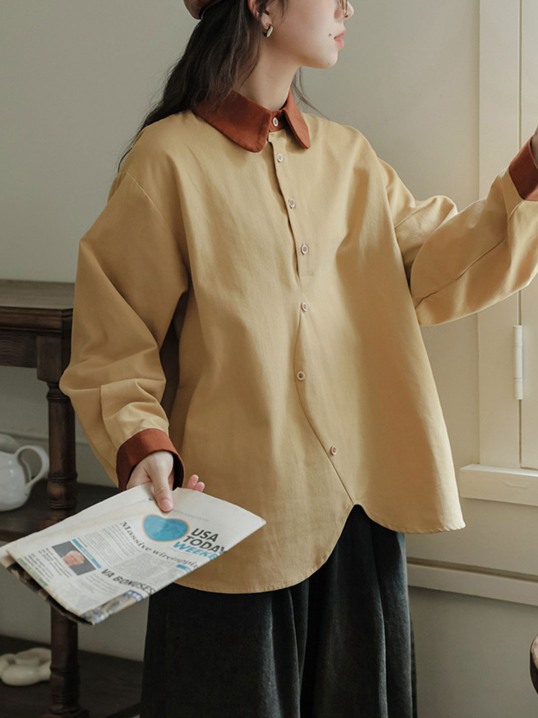 Selina Retro Polo Lapel Contrast Irregular Shirt