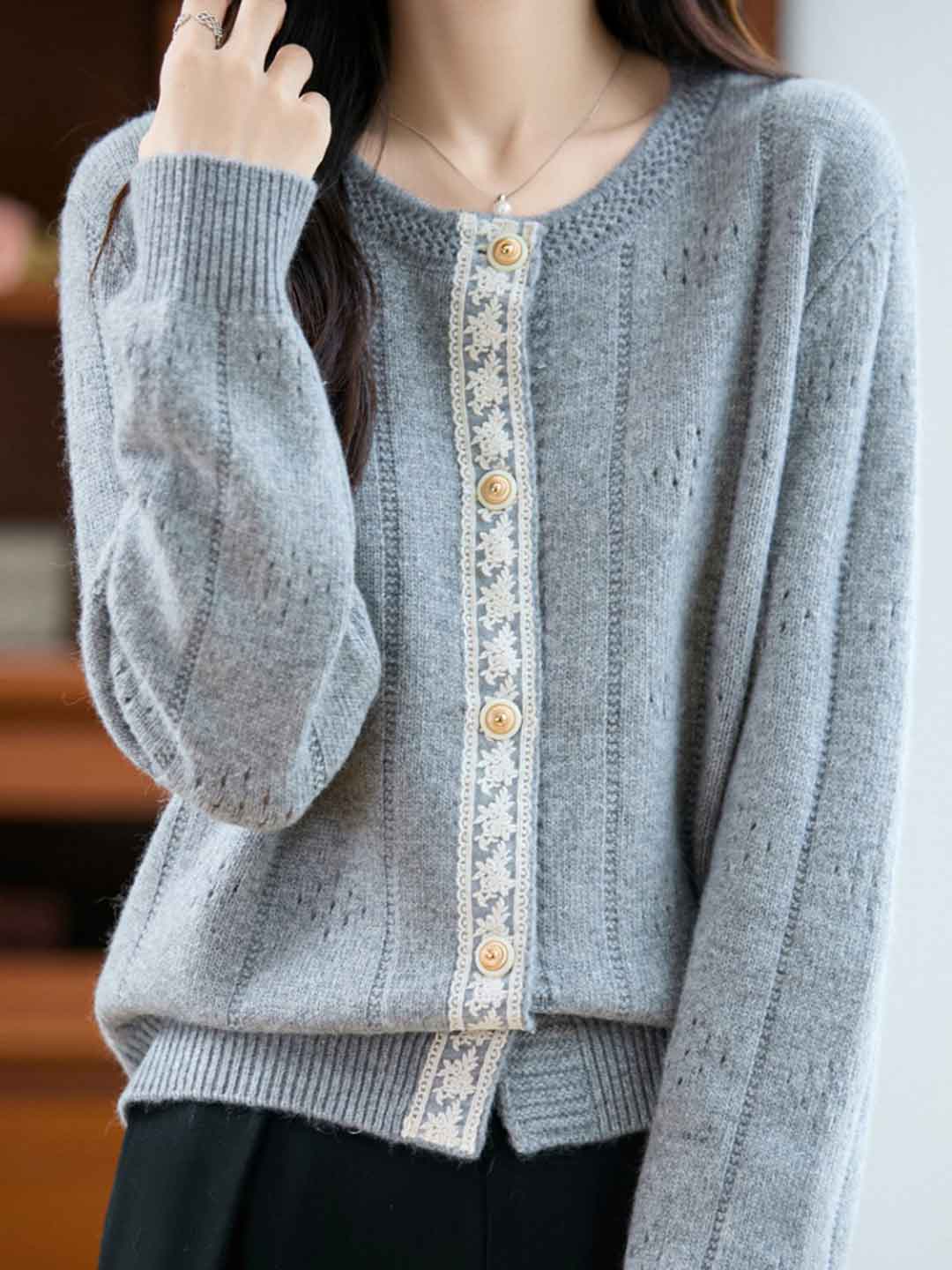 Julia Loose Crew Neck Solid Color Lace Knitted Cardigan-Orange