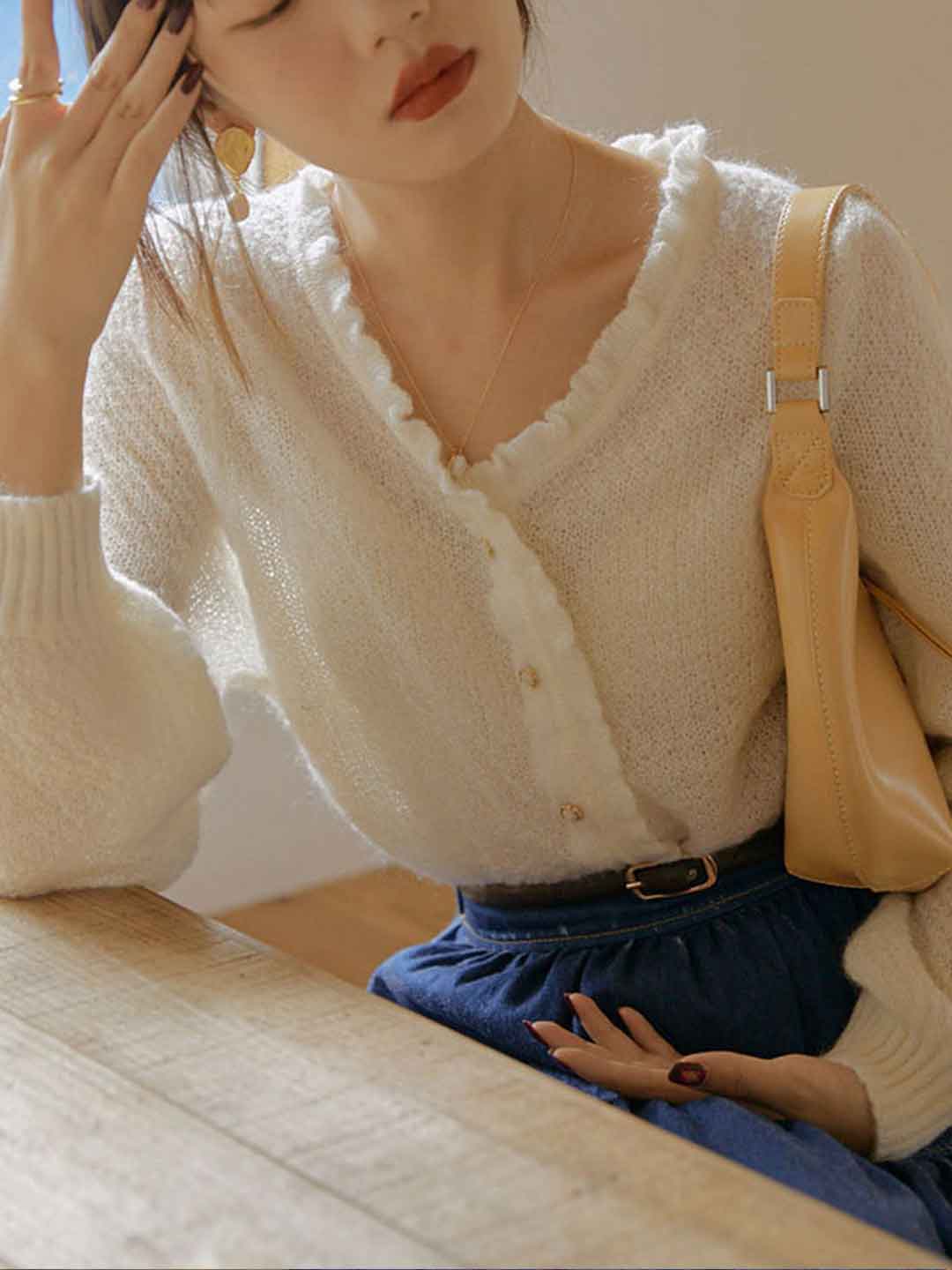 Grace Retro Auricular Collar Solid Color Knitted Cardigan