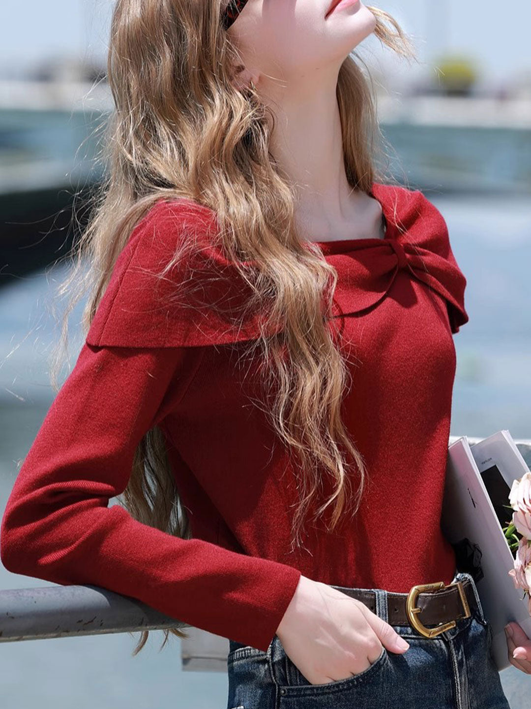 Brianna Off-Neck Bow Knitted Sweater