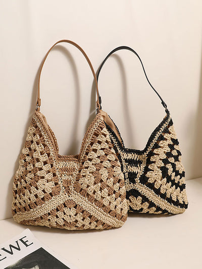 Hollow Color-Blocked Woven Bag