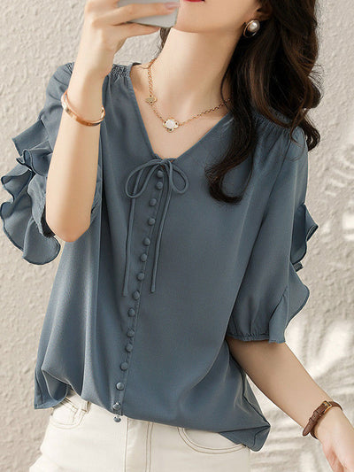 Ava Classic Ruffled Chiffon Top-Blue