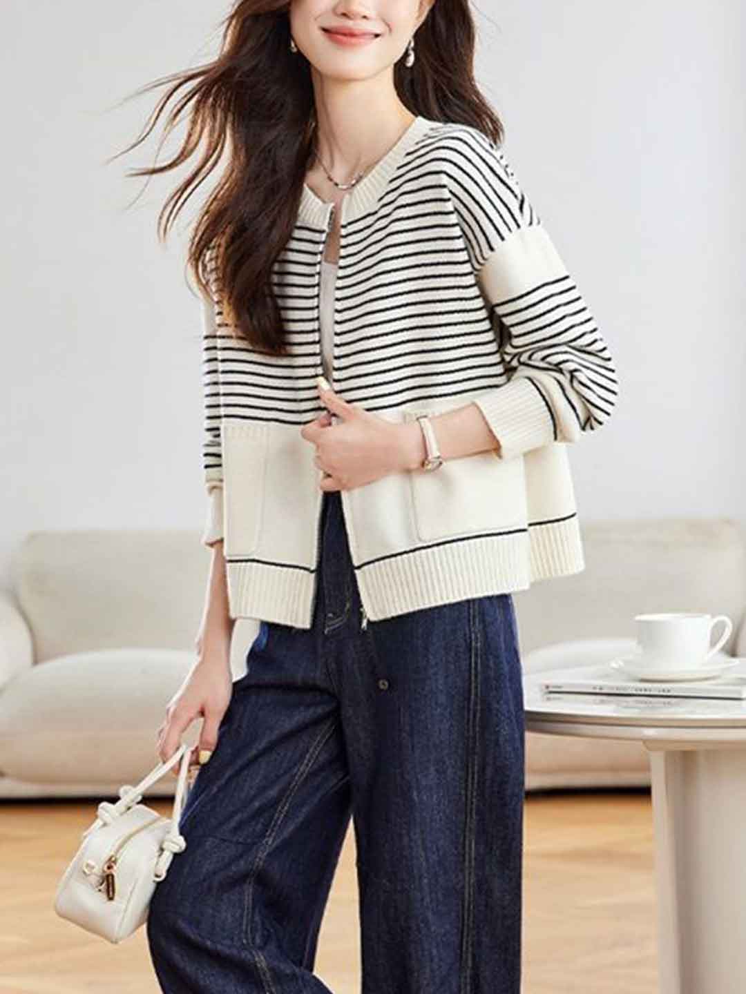 Ava Casual Crew Neck Striped Knitted Cardigan