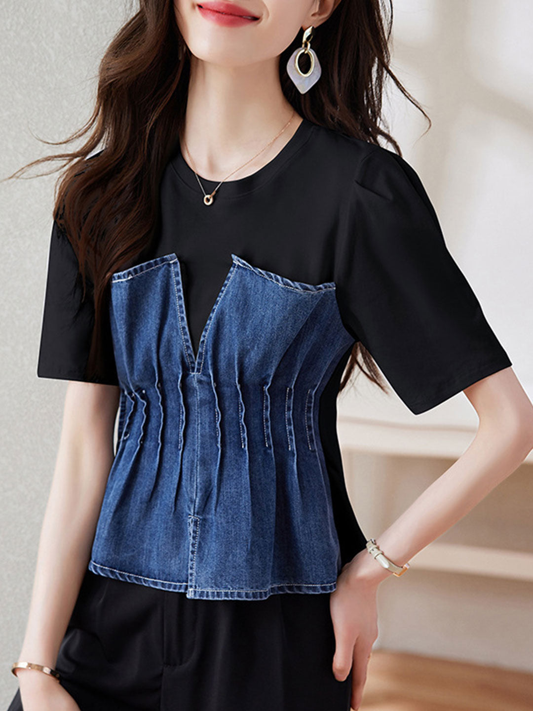 Hannah Retro Denim Patchwork Top