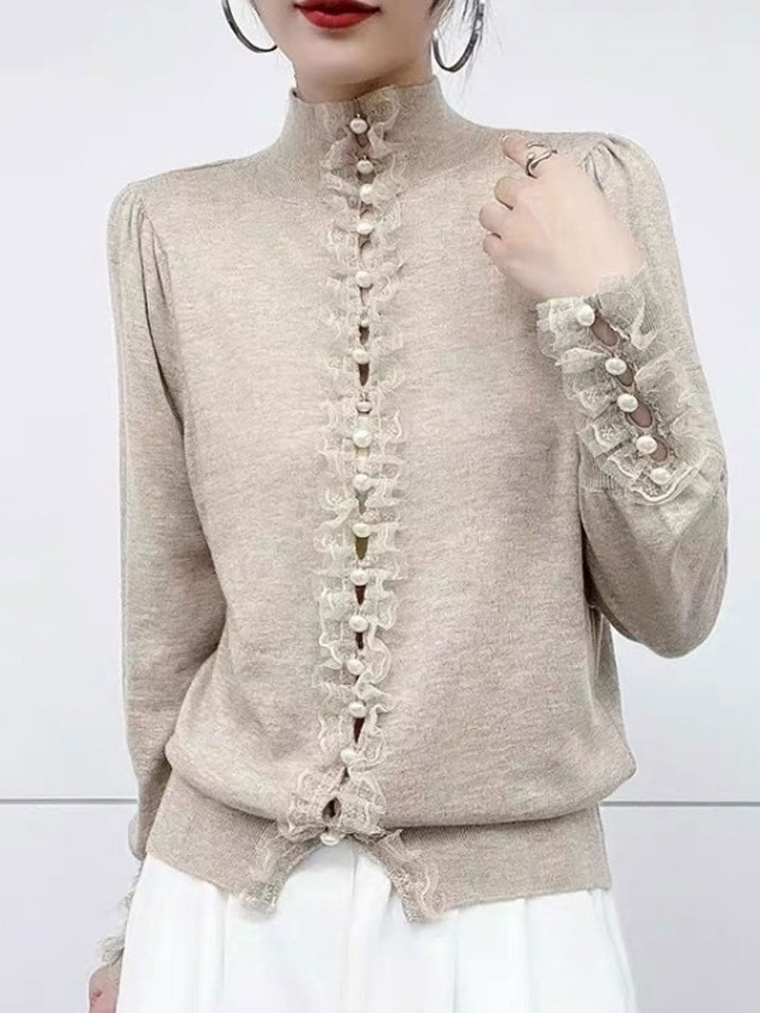Grace Retro Lace Auricular Patchwork Hollowed Knitted Top