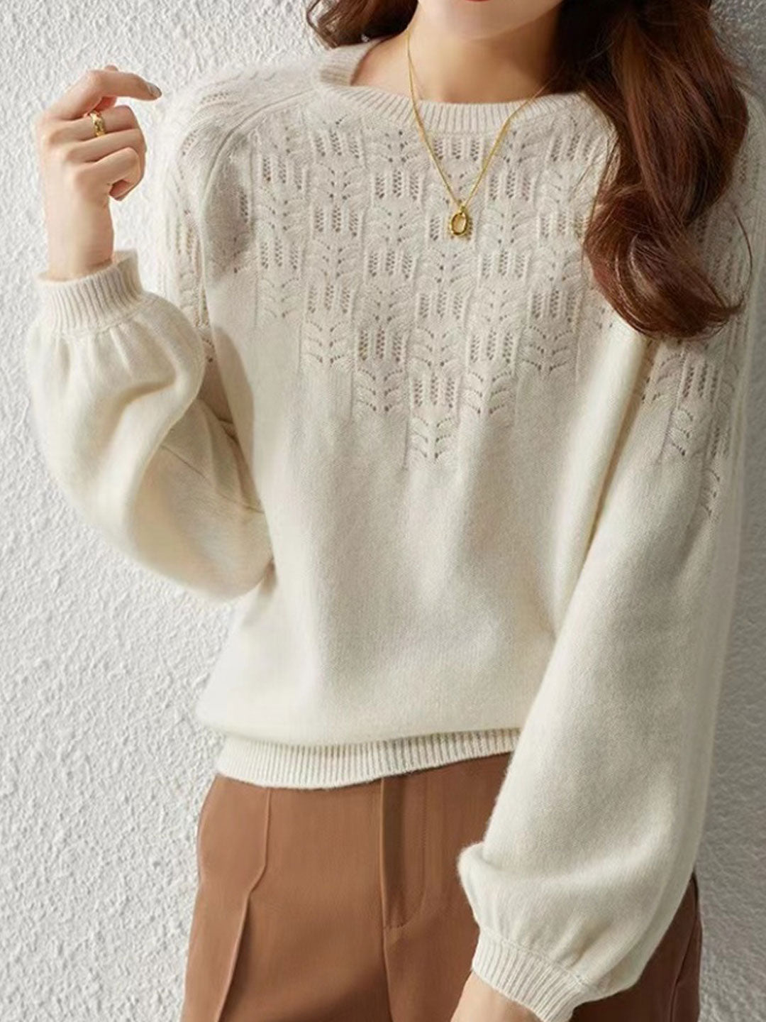 Lauren Elegant Crew Neck Lantern Sleeve Hollowed Top