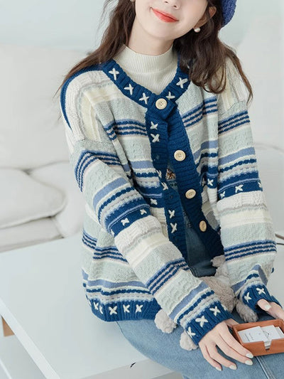Sophia Casual Striped Single-Breasted Knitted Cardigan