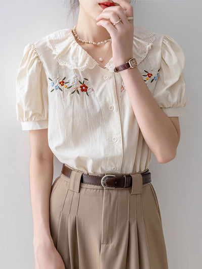 Melanie Retro Doll Collar Embroidered Lace Top
