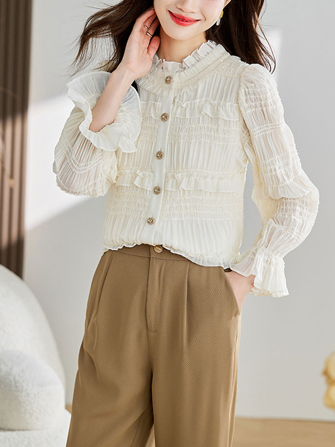 Claire Retro Auricular Jacquard Flare Sleeve Shirt