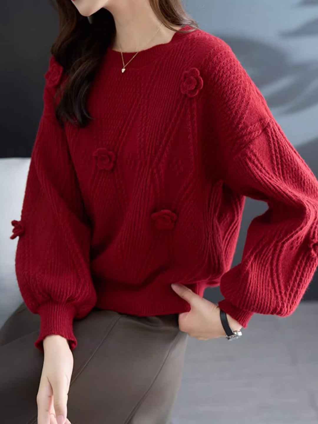 Brianna Loose Crew Neck Lantern Sleeve Floral Knitted Top