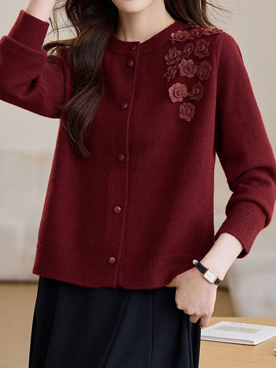 Aubrey Classic Crew Neck Flower Knitted Cardigan