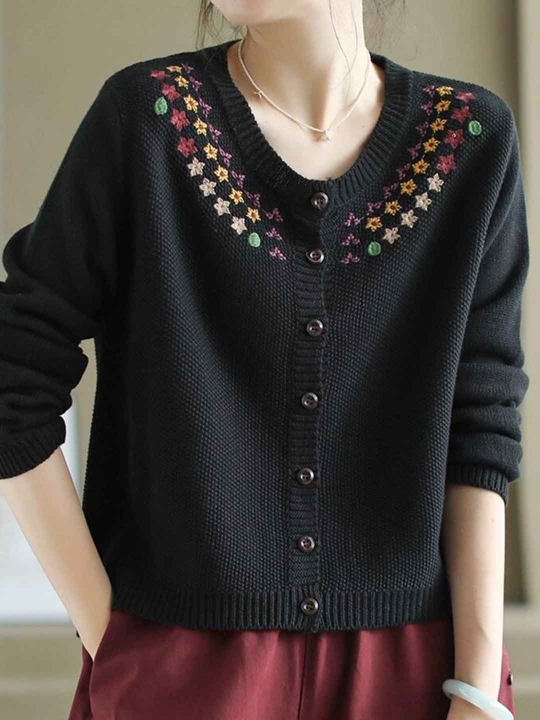 Sofia Casual Crew Neck Embroidered Knitted Cardigan