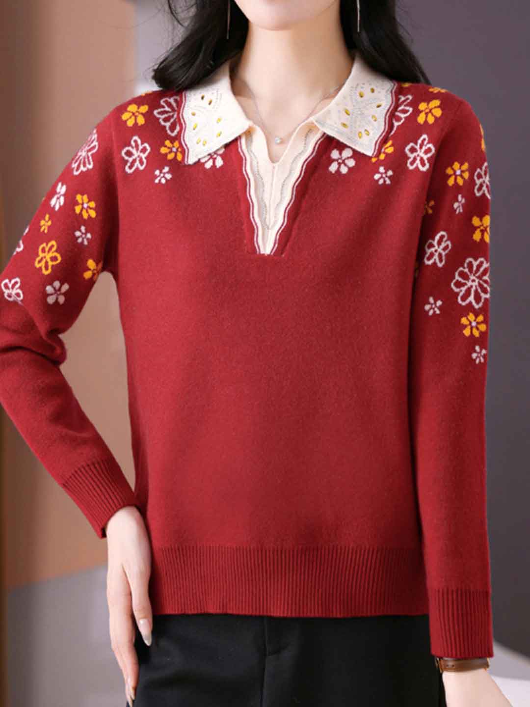 Jocelyn Casual Lapel Embroidered Knitted Top